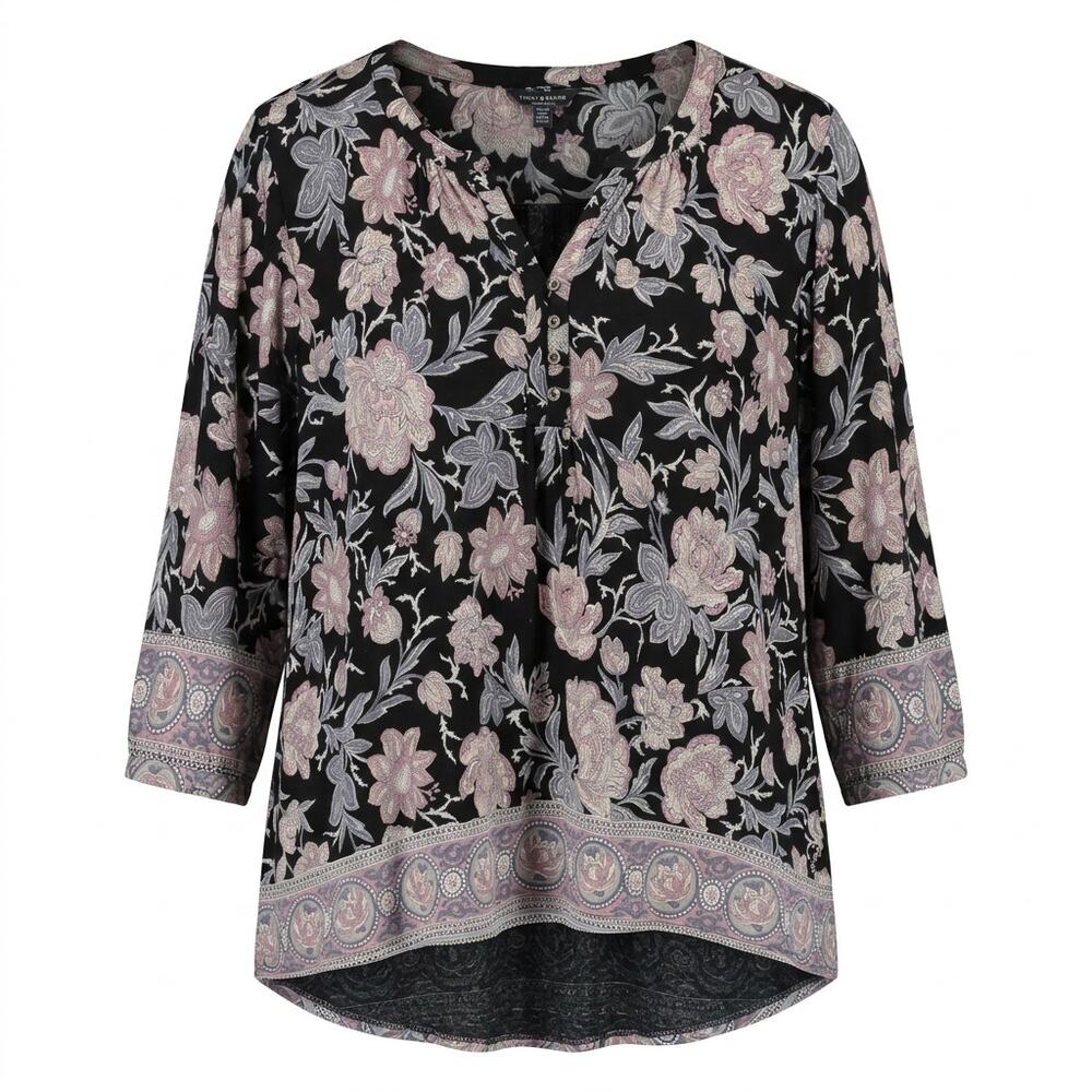 Lucky Brand Black Pink Floral Split Neck 3/4 Sleeve Blouse Women Size 1X